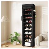 Mavivegue Shoe Rack with Cover, 10 Tier Tall Shoe Organizer for 18-22 Pairs of Shoes, Shoe Organizer with 4 Side Pockets, Shoe Cabinet for Entryway, Closet