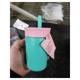 Owala Kids Insulation Stainless Steel Tumbler with Spill Resistant Flexible Straw, Easy to Clean, Kids Water Bottle, Great for Travel, Dishwasher Safe, 12 Oz, Pink and Teal (Real Cool Fish)