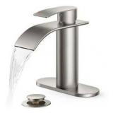 Waterfall Single Hole Single Handle Modern Bathroom Sink Faucet with Deckplate and Pop-Up Drain in Brushed Nickel