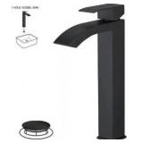 BWE Single Hole Single Handle High Arc Vessel Sink Faucet Bathroom FaucetWith Pop Up Drain Without Overflow in Matte Black