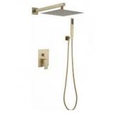 BWE Luxurious Single Handle 2-Spray 12 in. Wall Mount Square Shower Head with Hand Shower Faucet in Brushed Gold