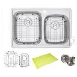 eModernDecor Topmount Drop In Stainless Steel 33 in. x 22 in. x 9 in. Deep 1 Faucet Hole Double Bowl 60/40 Kitchen Sink Combo