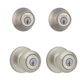 Kwikset SmartKey Security Classic Satin Nickel Entry Knob and Single Cylinder Deadbolt KW1 2-3/4 in.