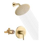 sumerain Shower Faucet Set Brushed Gold, Anti-scald Pressure Balance Valve, 8 Inches Extra-thin Rain Shower Head, with Non-return Check Valves