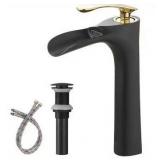 BWE Waterfall Single Hole Single Handle Bathroom Vessel Sink Faucet With Drain Assembly in Matte Black & Gold