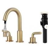 AKLFGN 8 in. Widespread Double Handle Bathroom Faucet 3 Hole Pull Down Sink Faucet with Pop-Up Drain in Brushed Gold