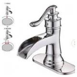 BWE Waterfall Single Hole Single-Handle Low-Arc Bathroom Faucet With Supply Line In Polished Chrome