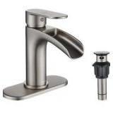 Waterfall Bathroom Faucet with Metal Pop-up Drain, Single Handle Bathroom Sink Faucet Brushed Nickel in Bathroom