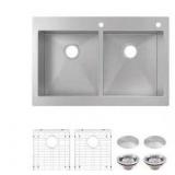 Professional Zero Radius 33 in. Drop-In 50/50 Double Bowl 16 Gauge Stainless Steel Kitchen Sink with Accessories