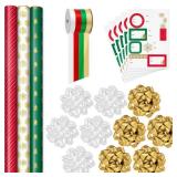 Hallmark Classic Christmas Gift Wrap Kit: Holiday Themed Rolls with Bows & Ribbons, Gift Tag Stickers