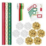 Hallmark Classic Christmas Gift Wrap Kit: Holiday Themed Rolls with Bows & Ribbons, Gift Tag Stickers