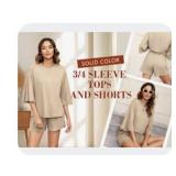 Cnlinkco Womens Knit Lounge Set 3/4Sleeve Top and Shorts Sleepwear PajamaSet Two Piece S