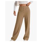 Womens High Waist Button Stretchy Work Pants Straight Leg Office Dress Pant Business Casual Trousers with Pocket SIZE L