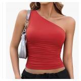 Matunana Womens Summer One Shoulder Tops Going Out Shirts Asymmetrical Crop Cute Y2K Fashion Clothes Trendy Spring Vacation Outfits 2025 Red SIZE M