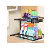 GREAPA Large Under Sink Organizer, Adjustable Height, 2-Tier Slide Out, Thickened Metal Shelf with 2 Hanging Cups and 6 Hooks, Undersink Organizers for Kitchen, Bathroom, Cabinet, Pantry, 1 Pack