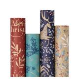 RUSPEPA Christmas Kraft Wrapping Paper - Reindeer, Berry Leaf and Text Design - 4 Rolls - 30 inches x 10 feet per Roll