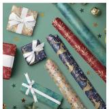RUSPEPA Christmas Kraft Wrapping Paper - Reindeer, Berry Leaf and Text Design - 4 Rolls - 30 inches x 10 feet per Roll