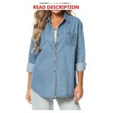 MCEDAR Oversized Denim Shirt for Women Long Sleeves Button Down Boyfriend Jean Jacket with Utility-Pocket Sixe 3XL Color Grey