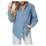MCEDAR Oversized Denim Shirt for Women Long Sleeves Button Down Boyfriend Jean Jacket with Utility-Pocket Sixe 3XL Color Grey