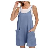 Rompers for Women Summer Casual Waffle Knit Loose Sleeveless Romper Spaghetti Strap Jumpsuit with Pockets 2025 Size Medium Blue