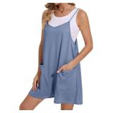 Rompers for Women Summer Casual Waffle Knit Loose Sleeveless Romper Spaghetti Strap Jumpsuit with Pockets 2025 Size Medium Blue