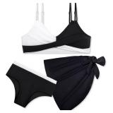 Girls Swimsuits Bathing Suit Bikini Set V Neck Twist Cross Swimwear with Cover Up Skirt for Teens 9-15T