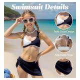 Girls Swimsuits Bathing Suit Bikini Set V Neck Twist Cross Swimwear with Cover Up Skirt for Teens 9-15T