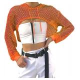 Smile Fish Women Halloween Sexy 80s Costumes Concert Fishnet Orange Crop Hoodies T-Shirt(0026,Orange,M)