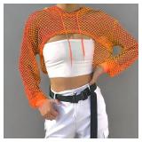Smile Fish Women Halloween Sexy 80s Costumes Concert Fishnet Orange Crop Hoodies T-Shirt(0026,Orange,M)