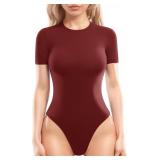 MANGOPOP Women Crew Neck Short Sleeve Bodysuit Double Lined Thong Body Suits Shirts Basic Top Size 2XL Red