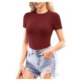 MANGOPOP Women Crew Neck Short Sleeve Bodysuit Double Lined Thong Body Suits Shirts Basic Top Size 2XL Red