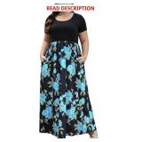 Nemidor Plus Size Maxi Dresses for Curvy Women Casual Short Sleeve Chevron Print Long Dress with Pocket Size 24 Black Peony