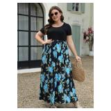 Nemidor Plus Size Maxi Dresses for Curvy Women Casual Short Sleeve Chevron Print Long Dress with Pocket Size 24 Black Peony