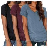 Womens 3 Packs Short Sleeve Shirts Soft V Neck T-Shirts Loose Fit Lightweight Basic Tee Tops Size Small Cream