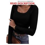 Womens Casual Long Sleeve Stretch Scoop Neck Basic Ribbed T-Shirt Slim Fit Casual Basic Tops Size Medium White