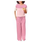 Womens Pajama Sets Color Block Knitted Casual Crewneck Long Sleeve Sleepwear Tops Shirt with Long Pajama Pant Set Size 15 Pink