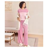 Womens Pajama Sets Color Block Knitted Casual Crewneck Long Sleeve Sleepwear Tops Shirt with Long Pajama Pant Set Size 15 Pink