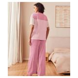 Womens Pajama Sets Color Block Knitted Casual Crewneck Long Sleeve Sleepwear Tops Shirt with Long Pajama Pant Set Size 15 Pink