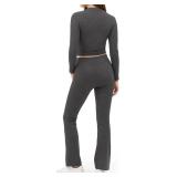 MANGOPOP 2 Piece Lounge Sets for Women Fold Over Flare Pants Long Sleeve Top V-Cut Flare Leggings Fall Pajamas Casual Outfits Size Small Grey