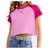 Remidoo Women Color Block Short Sleeve Crop Top Crewneck Raglan Summer Tee T Shirt Pink Small