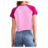 Remidoo Women Color Block Short Sleeve Crop Top Crewneck Raglan Summer Tee T Shirt Pink Small
