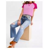 Remidoo Women Color Block Short Sleeve Crop Top Crewneck Raglan Summer Tee T Shirt Pink Small