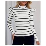 ZESICA Womens Striped Ruffle Long Sleeve Tops Fall Turtleneck Ribbed Knit Slim Fit Basic Shirt Casual Pullover Sweater Size Large White