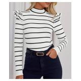 ZESICA Womens Striped Ruffle Long Sleeve Tops Fall Turtleneck Ribbed Knit Slim Fit Basic Shirt Casual Pullover Sweater Size Large White