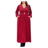 Carrdc Plus Size Maxi Dresses for Curvy Women Long Sleeve Velvet Dress Size 3XL Wine Red