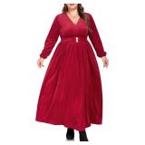 Carrdc Plus Size Maxi Dresses for Curvy Women Long Sleeve Velvet Dress Size 3XL Wine Red