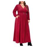 Carrdc Plus Size Maxi Dresses for Curvy Women Long Sleeve Velvet Dress Size 3XL Wine Red