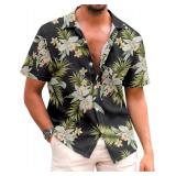 Mens Hawaiian Shirts Short Sleeve Button Down Tropical Beach Summer V Neck Shirt Size XL Black