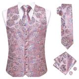 Hi-Tie Silk Mens Suit Vests and Tie Set Lapel Pin Gold Tie Clip Paisley Floral Casual Waistcoat Tuxedo Wedding Party Business Size XL Pink