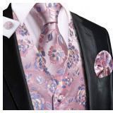 Hi-Tie Silk Mens Suit Vests and Tie Set Lapel Pin Gold Tie Clip Paisley Floral Casual Waistcoat Tuxedo Wedding Party Business Size XL Pink